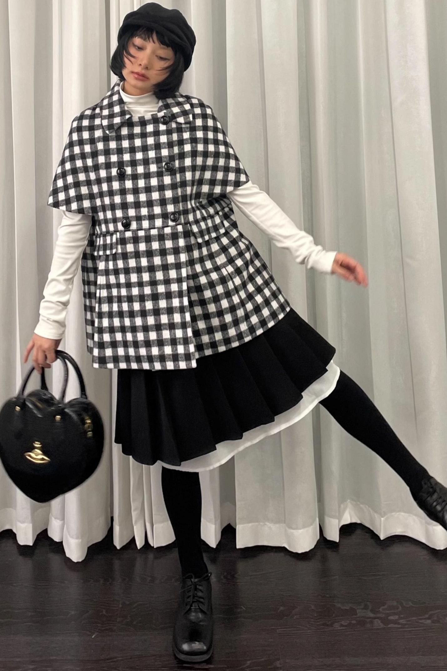 Black Plaid Lapel Woolen Coat