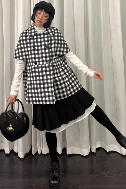 Black Plaid Lapel Woolen Coat