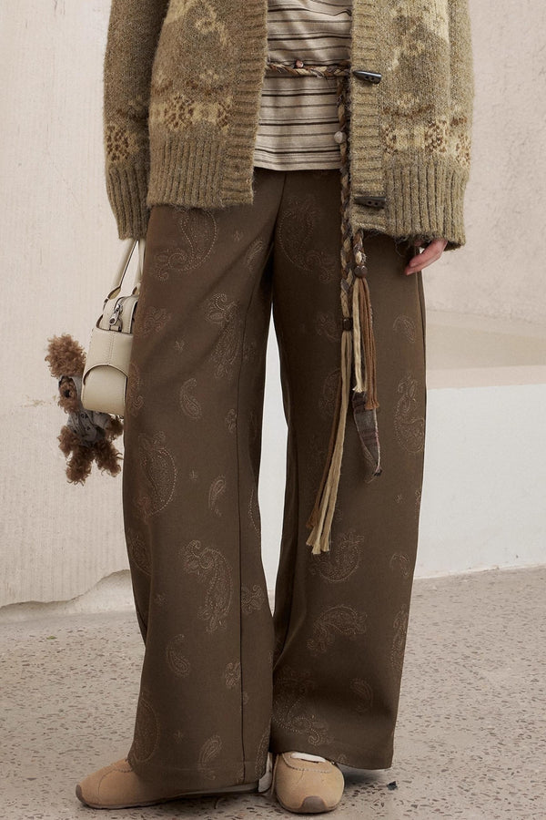 Vintage Cashew Flower Linen Wide-Leg Pants