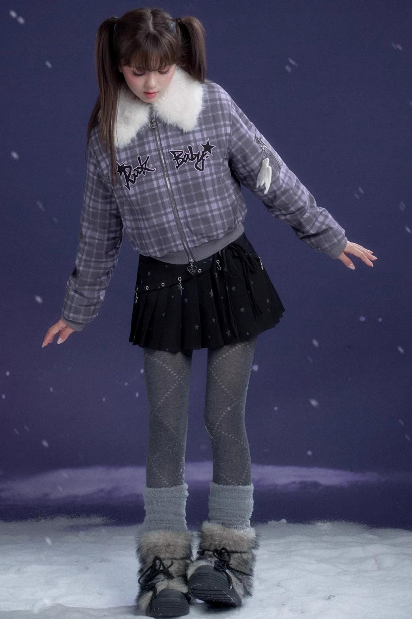 Purple Plaid Fur Collar Jacket