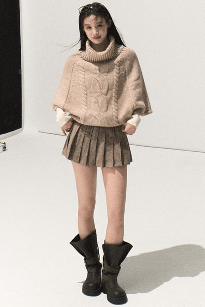 Moon Wool Twist Knit Cape Sweater Set-Up