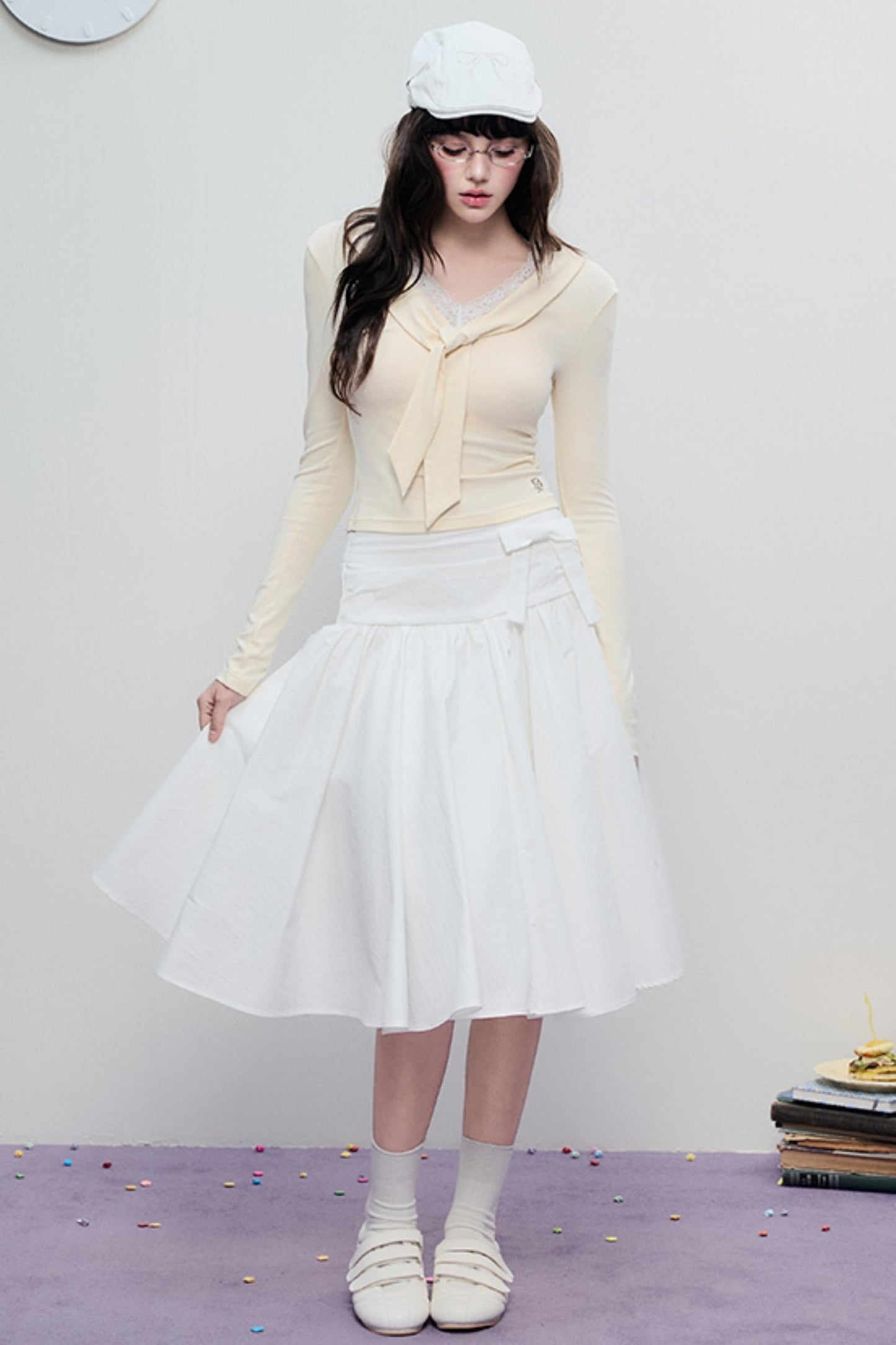 Korean Lace Trim Tie Neck Sweater