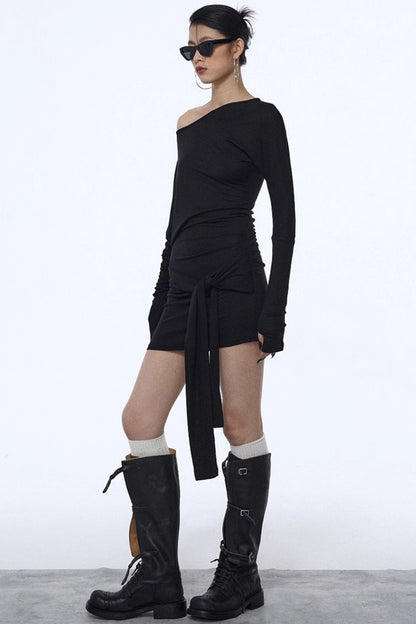 Pleated Strap Long-Sleeved Dress