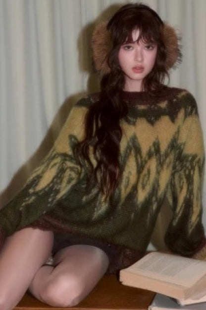 Retro Contrast Jacquard Loose Sweater