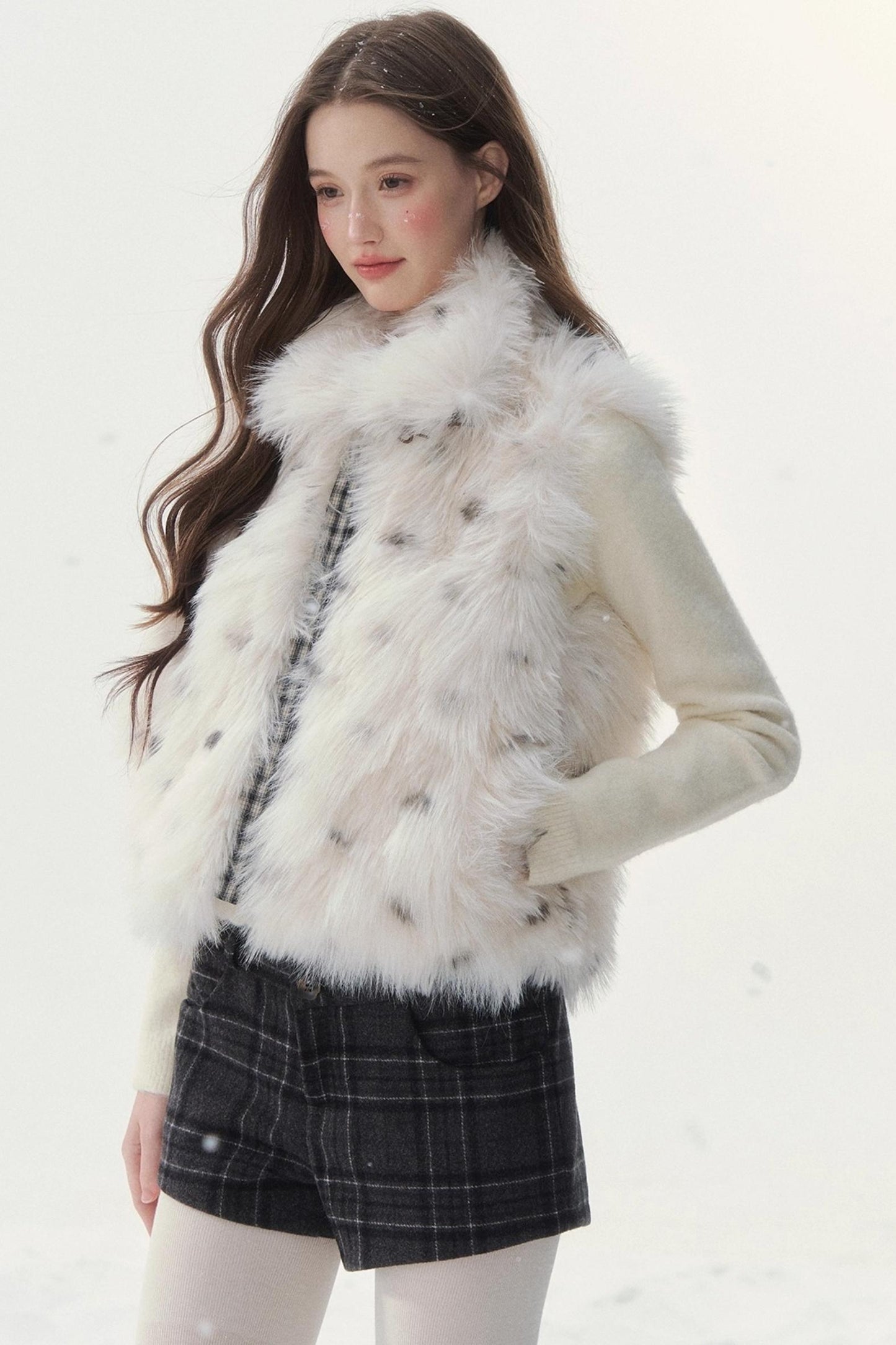 Polka Dot Plaid Fur Coat
