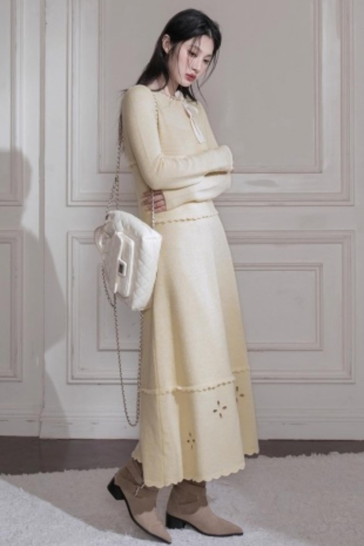 Cream Gray Lace Wool Dress