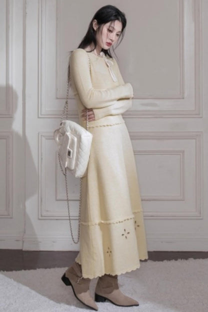 Cream Gray Lace Wool Dress