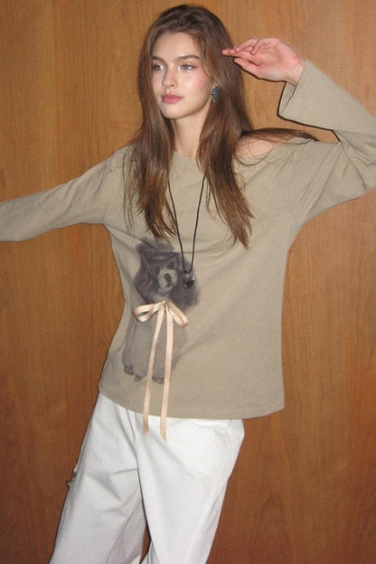 Khaki Bow knot Off-Shoulder T-Shirt