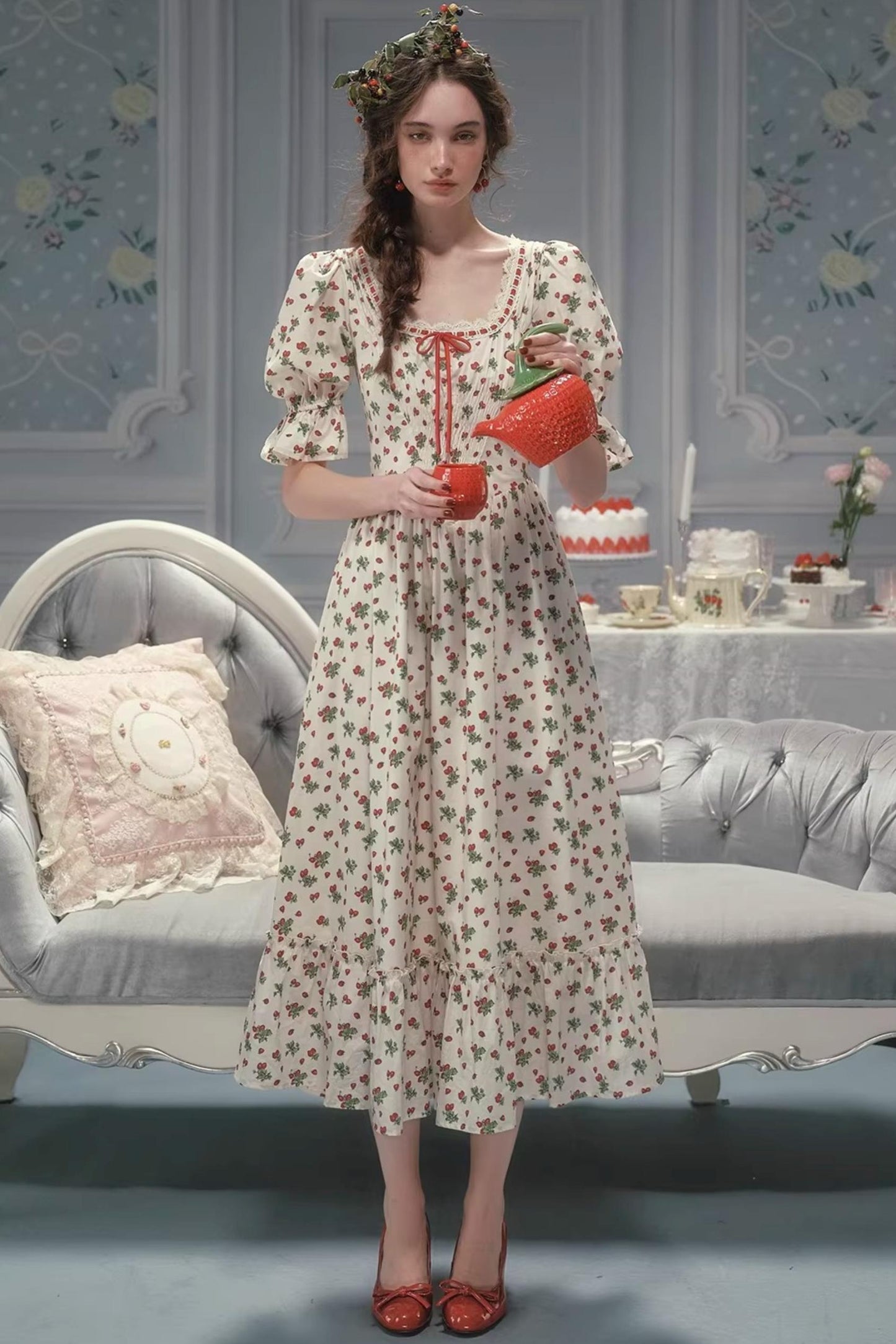 French Pastoral Style Strawberry Floral Dress