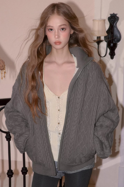Cable Knit Fleece Sweater Jacket
