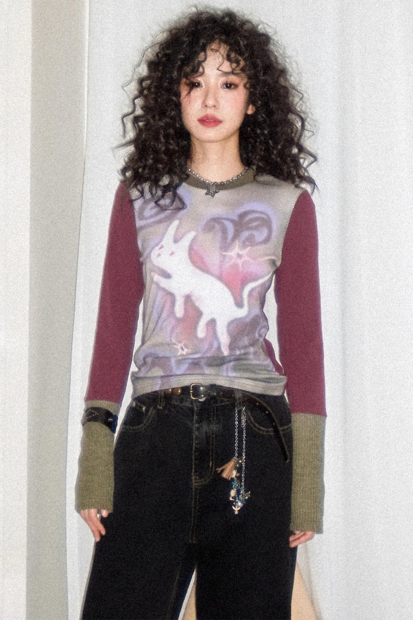 Flower Gauze Round Neck Long-Sleeved T-Shirt