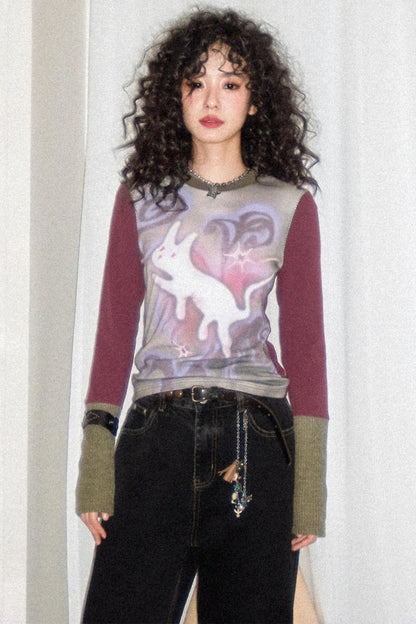 Flower Gauze Round Neck Long-Sleeved T-Shirt