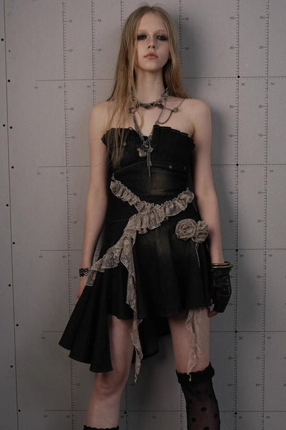 Vintage Black Lace Denim Dress