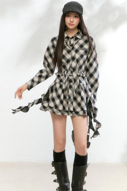 Plaid Diagonal Cut Long-Sleeved Shirt Dress