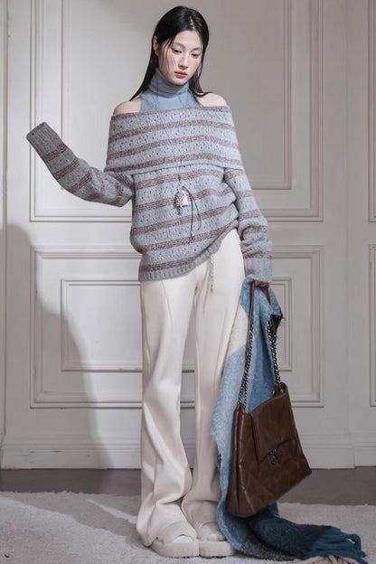 Off-Shoulder Striped Knit Vest Set