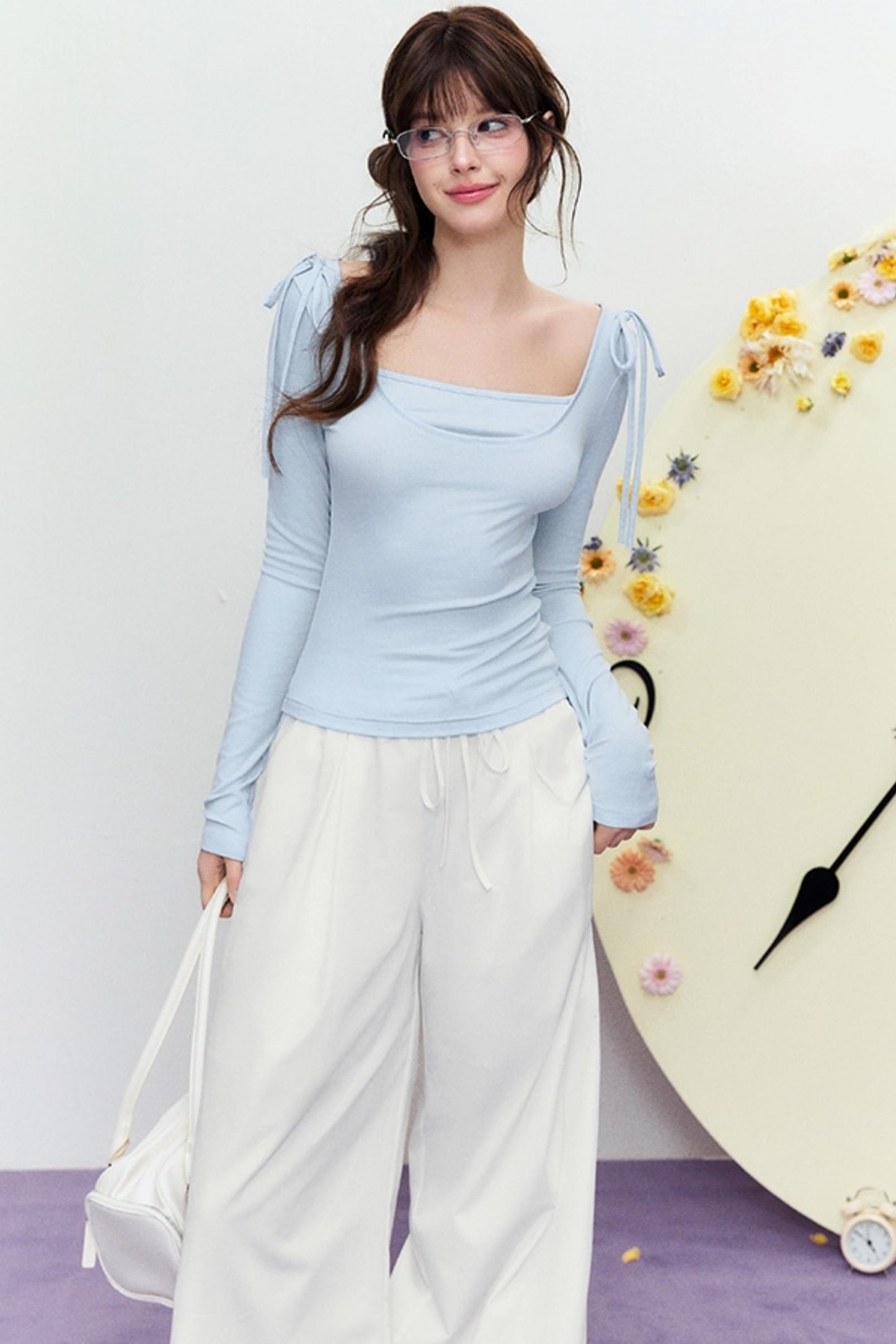 Korean Slim Tie Shoulder Top