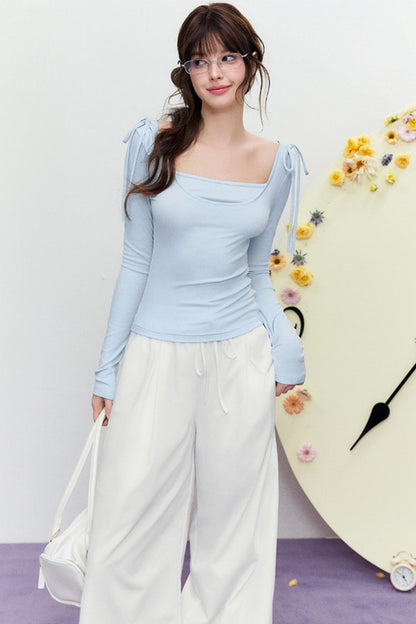 Korean Slim Tie Shoulder Top