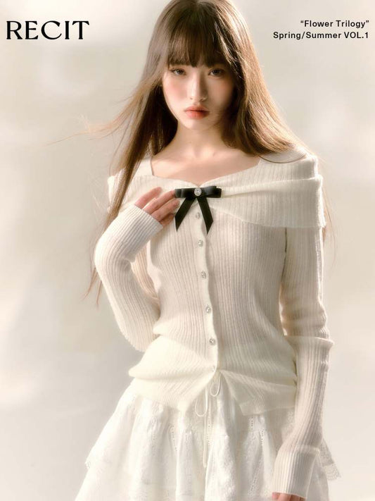 Off Shoulder Style Ribbon Bijou Knit Sew