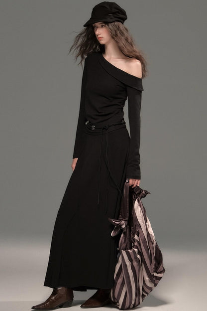 Slanted Shoulder Knit Top Skirt Set-Up