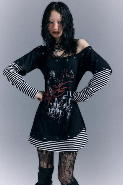 Punk Striped Cinched Waist T-Shirt Dress