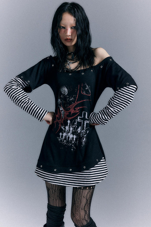 Punk Striped Cinched Waist T-Shirt Dress