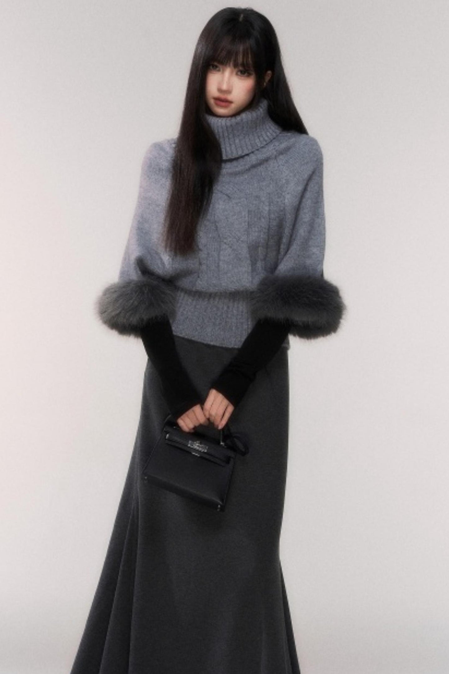 Gray Turtleneck Batwing Sweater