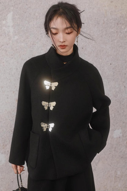 Black Woolen Butterfly Buckle Coat