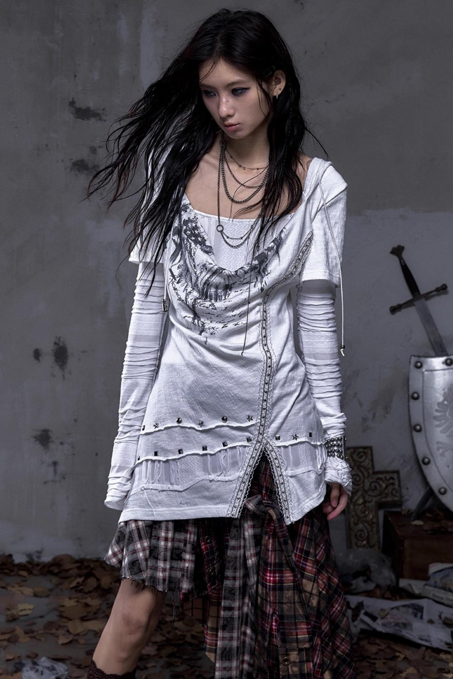 Rock Swing Collar Print Long Sleeve Dress