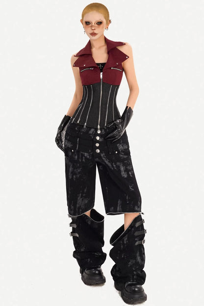 Color-Block Denim Zipper Vest