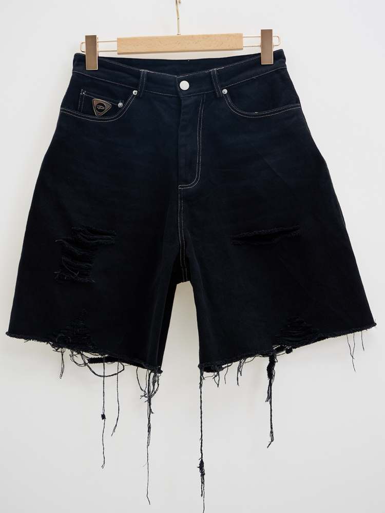 Cut Off Side Line Half Denim Pants