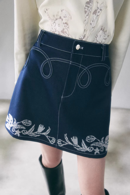 Tulip Embroidery Denim Skirt