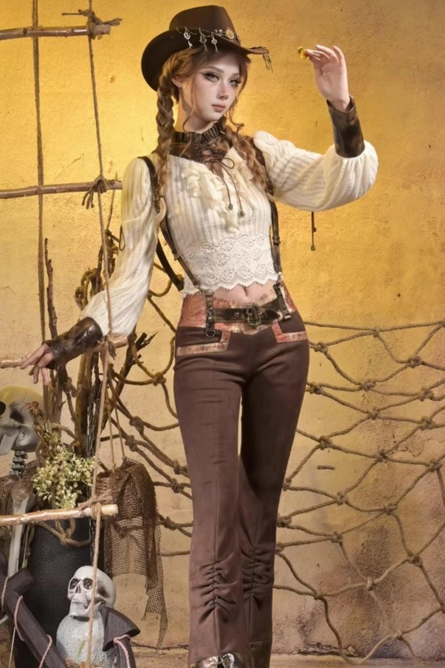 Lace Vintage Distressed Overalls Bib Pants