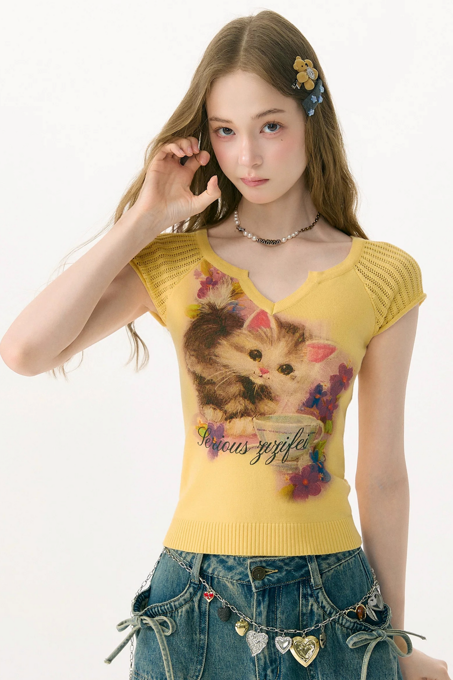 Warm Yellow Cat Print Knit T-Shirt