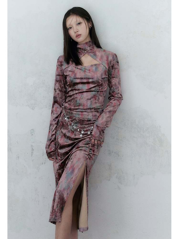 Chinese Style Marble Print Tops & Slit Skirt