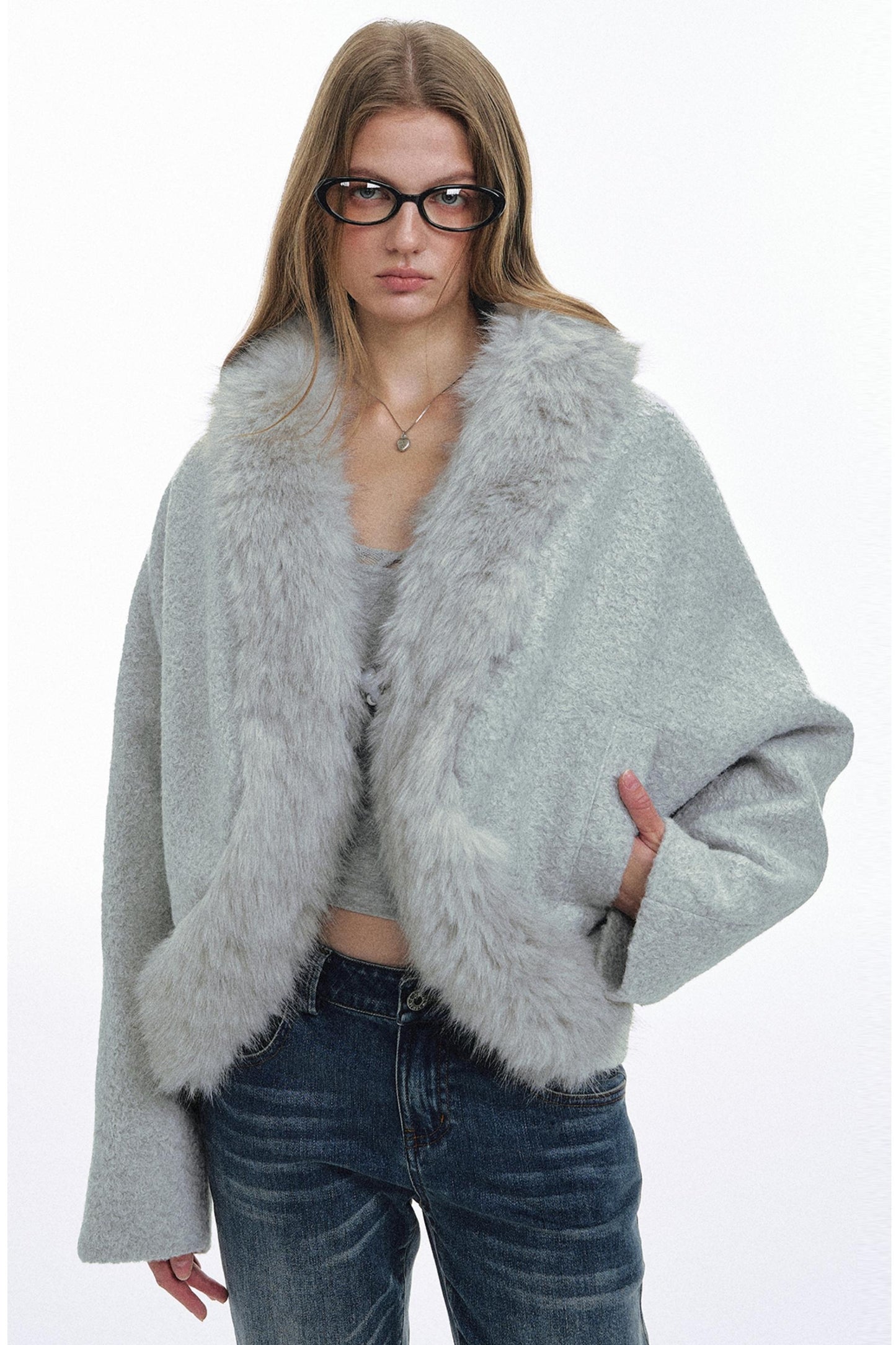 Curved Fur Collar Woolen Coat