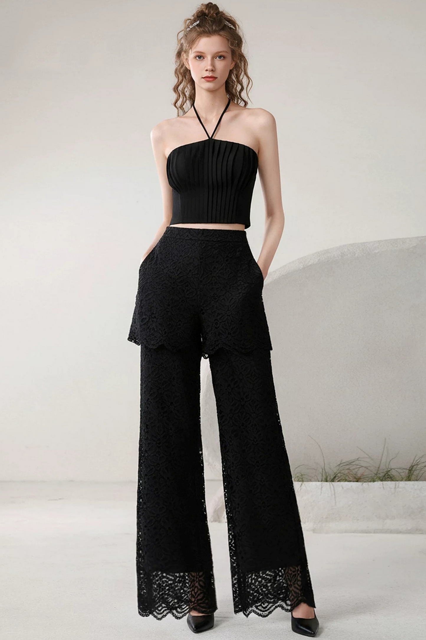 Elegant Night Shadow Top Pants Set-Up