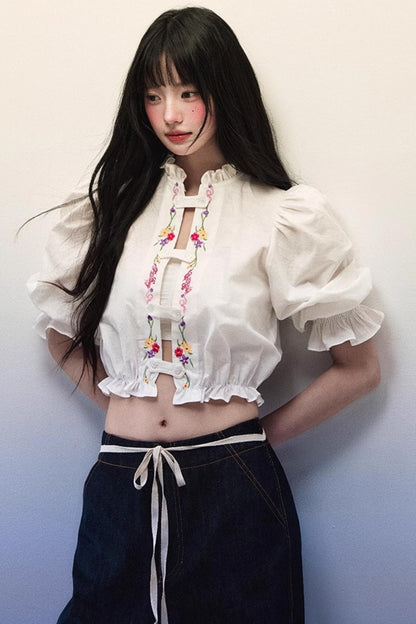 Embroidered Bubble Sleeve Blouse