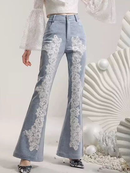 Heavy Lace Flower Waisted Slim Flared Pants