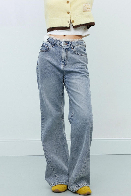 Distressed Lace Waist Loose Jeans