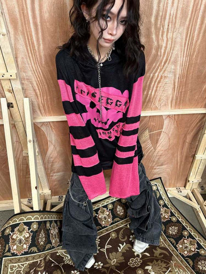 Rock Punk Skull Print Striped Sleeve Hoodie