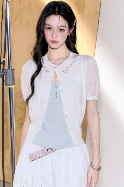 Embroidered Knit Cardigan Top Set-Up
