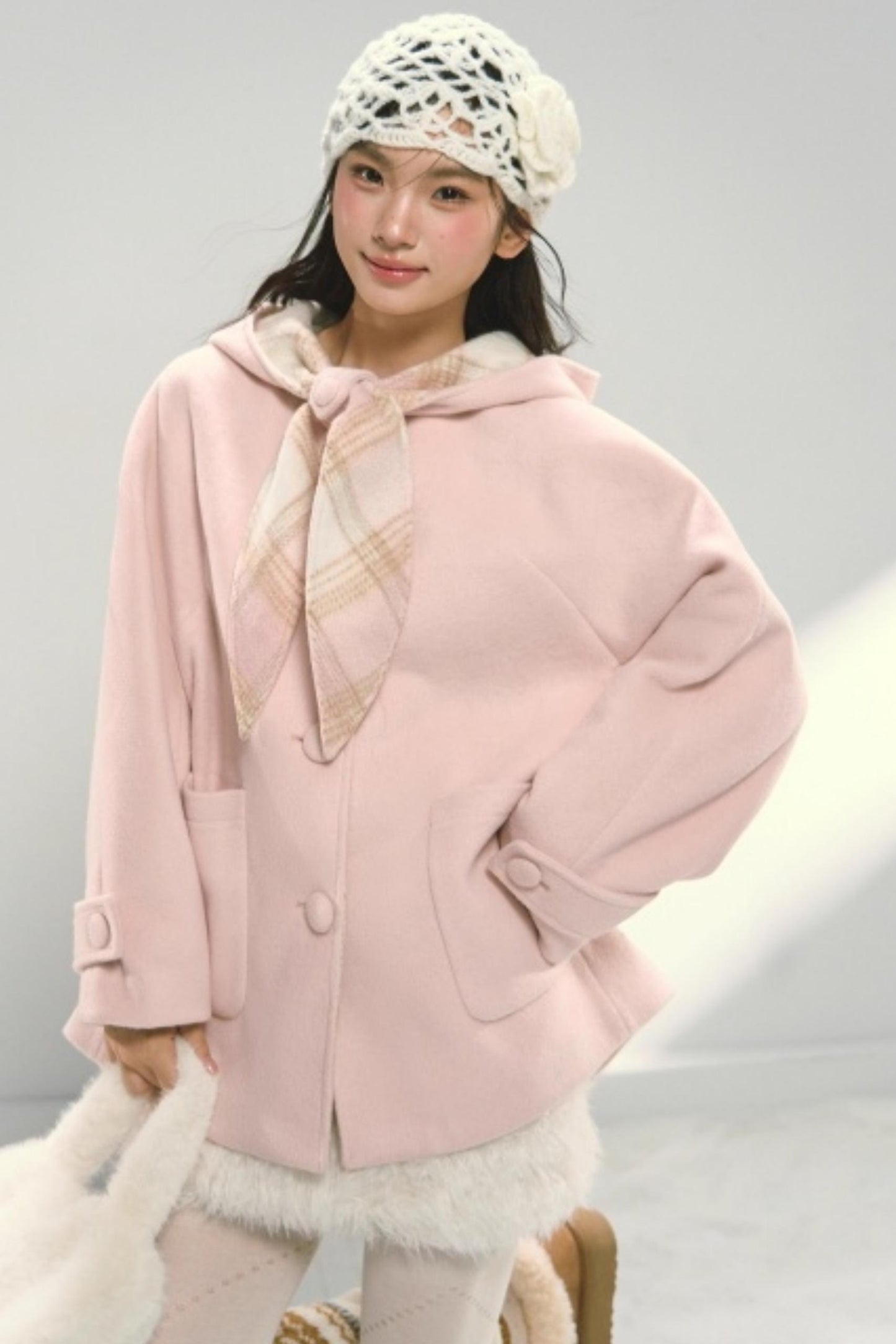 Pink Paneled Plaid Hooded Wool Coat