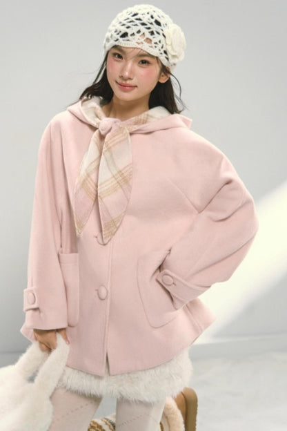 Pink Paneled Plaid Hooded Wool Coat