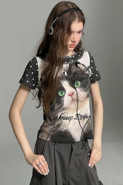 Gepunktetes Katzen-Kopfhörer-T-Shirt