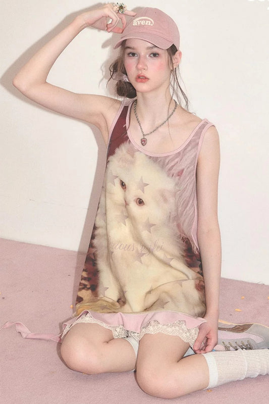 Pink Cat Print Lace Vest Dress