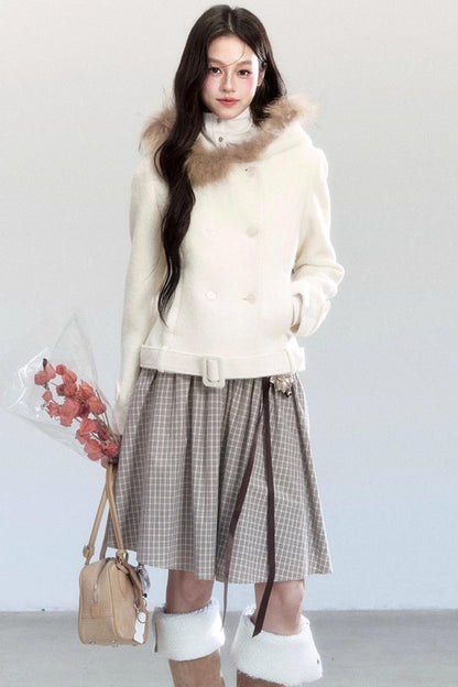 Fur Collar Slim Tweed Coat