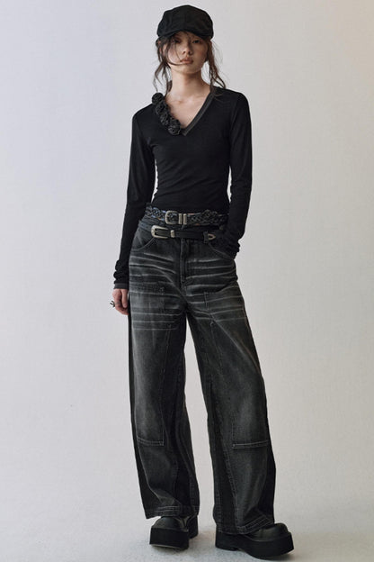 Elegant V Neck Flower T-Shirt