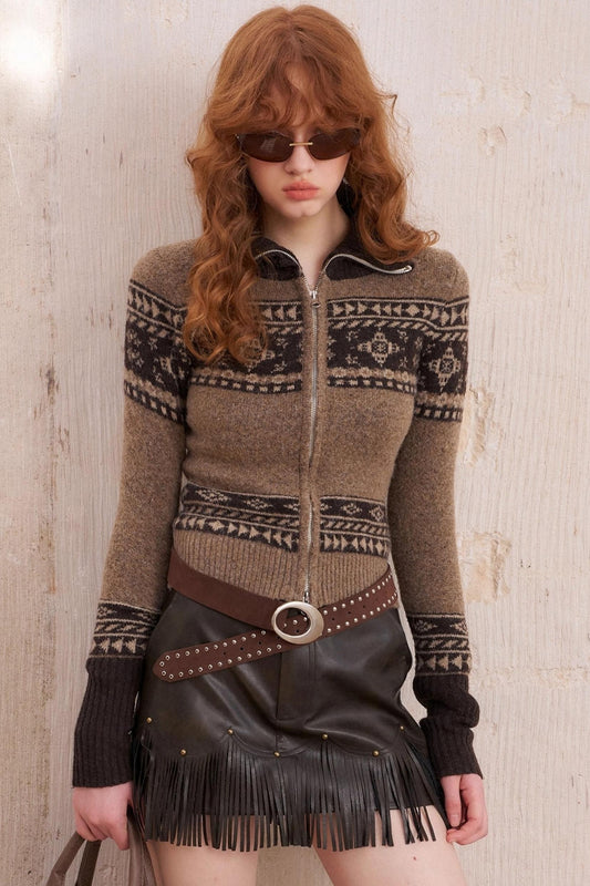 Stand-Up Collar Zip Knit Cardigan