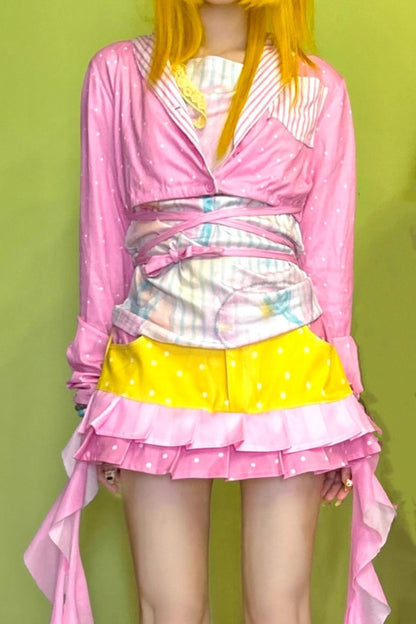 Pink Polka Dot Stripe Stitching Tie Short Jacket