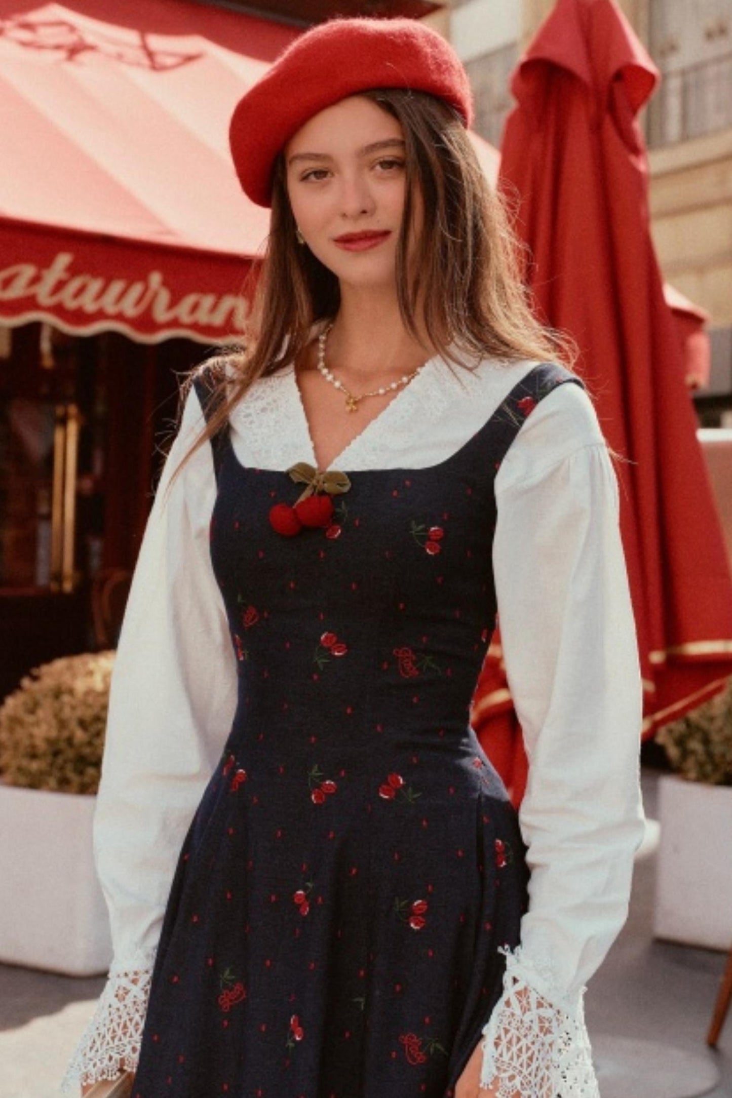 Cherry Lace Embroidered Denim Dress Set-Up